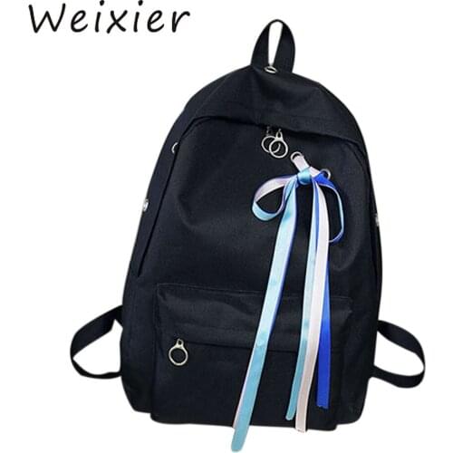 WEIXIER New Vintage Ribbons Canvas Backpacks Solid School Bag Backpack For Women Young Girl Backpacks For Adolescent Girls LL-39