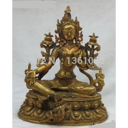Xd 00666 9"Tibet Buddhism Fane Pure Bronze Gold Green Tara Kwan-Yin Buddha Statue