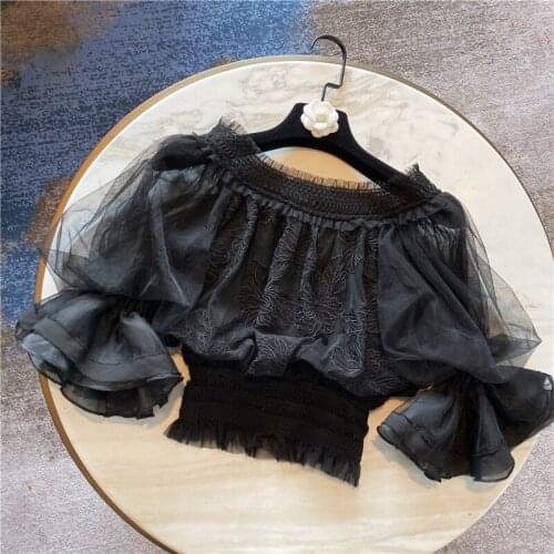 Women Short Blouse Summer Shirt New Temperament Girl Sexy Slash Neck Knitted Lace Shirt Womens Blouses Tops Blusas Mujer