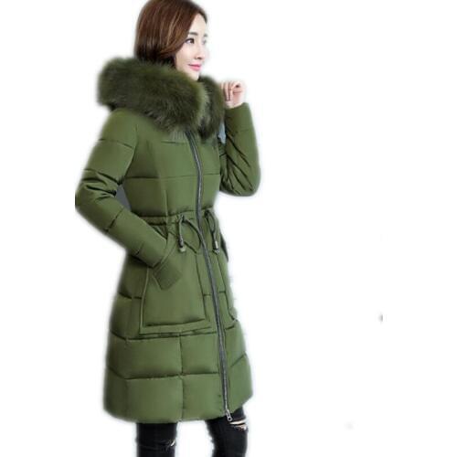 Top Winter Women Thicken Parkas 2018Fashion Down Cotton Jacket Hooded Large Fur Collar Cotton Padded With Belt Winter JacketQ742