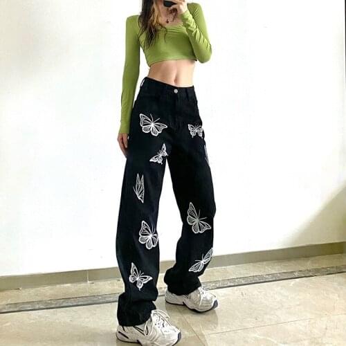 Spring 2021 Women Butterfly Jeans Fashion High Waist Loose Wide Leg Jeans Women Casual Straight Black Denim Pants