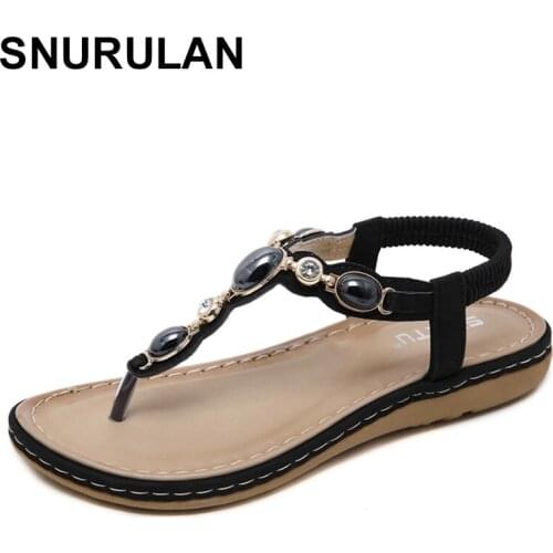 SNURULAN Womens Sandals New 2021 European And American Metal Buckle Rhinestone Large Size Retro Flat Shoes Beach Sandals