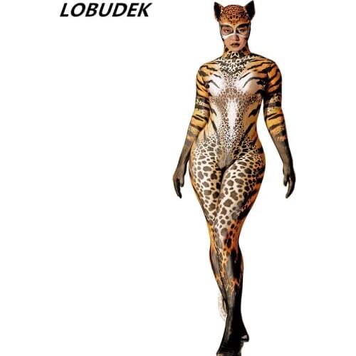 Zentai Adult Women Cat Print Skinny Bodysuit Jumpsuit Halloween Cosplay Costume Nightclub Club Party Stage Performance Tight