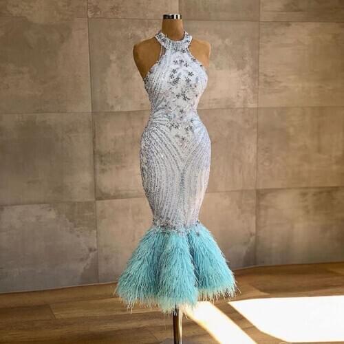 Luxury Crystal Beaded Mermaid Prom Dresses With Blue Feather Gonna Ankle Length Prom Gowns Halter Formal Dress Vestido De Festa