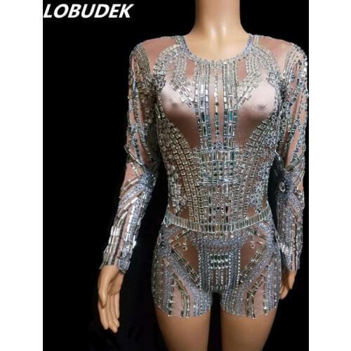 Silver Full Rhinestones Long Sleeve Bodysuit DJ Singer Dancer Nightclub Elastic Stage Wear Nightclub Costume Crystals Jumpsuit