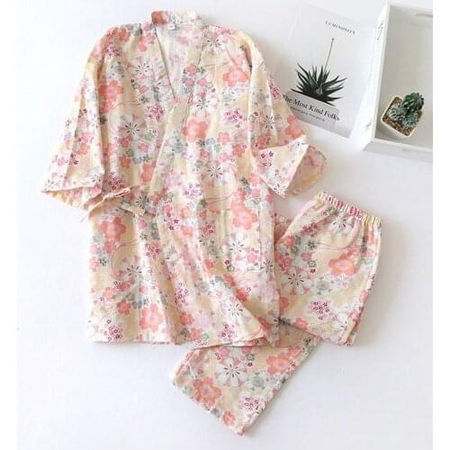 Summer Robe Cozy Kimono Bathrobes Women Fresh Kimono Pajams Female Cotton Sweet Cartoon 3/4 Sleeve Home Service Suit
