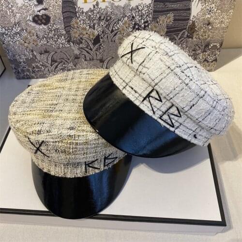 RB navy hat woolen and leather peaked cap fashion trend newsboy hat net red letter hat female fashion all-match