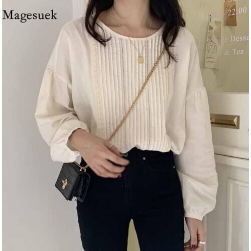 Korean Apricot Pleated O-Neck Cotton Large Size Elegant Blouse 2020 Long Sleeve Womens Shirts Women Office Lady Shirts 11457