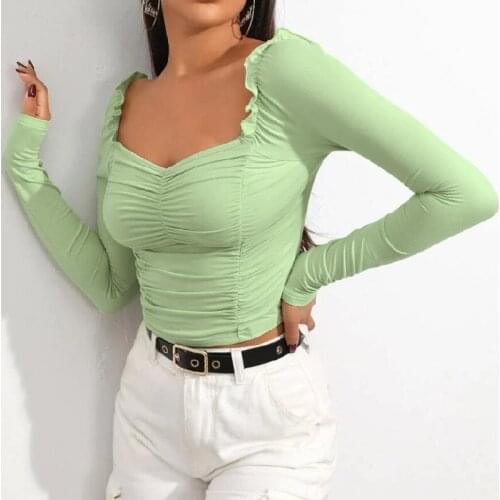 Long Sleeve Crop Tops Female Solid Color Square V-Neck Frill Trim Ruched Front Slim Fit T-Shirts Women Fashion Wild Clothes