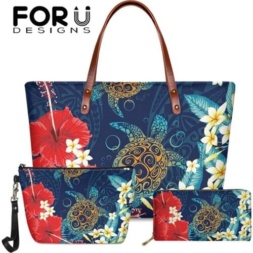 FORUDESIGNS Hot Sale Female Handbags Set Hawaiian Turtle Hibiscus Polynesian Ladies Fashion Shoulder Top-handle Sac Big Capacity