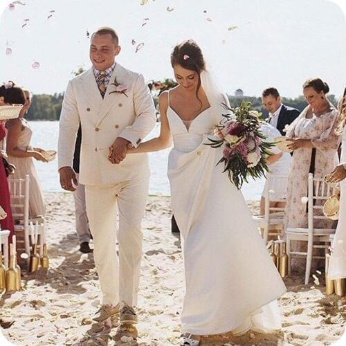 Ivory Linen Men Suits 2018 Beach WeddingDouble Breasted Groom Wedding Suit Custom Made Best Man Blazers 2 Pieces Costume Homme