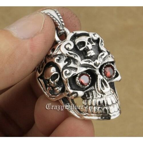 Red CZ Eyes Huge Smile Skull Mens Biker Rock Punk Pendant 8A035 Necklace 26"