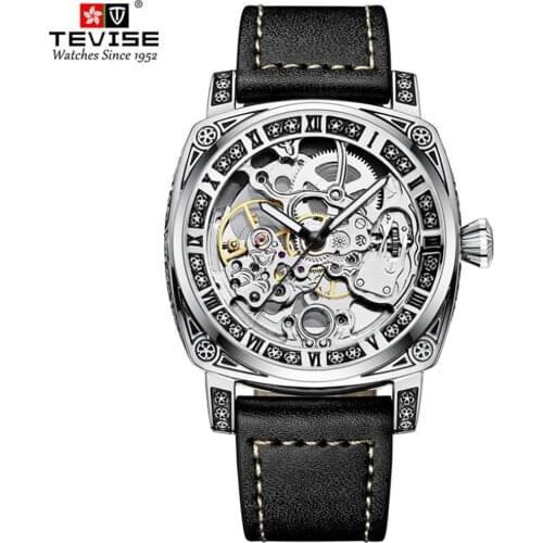 2021 New TEVISE Automatic Mechanical Mens Watch Square Retro Engraving Hollow Dial Sports Waterproof Luminous Wrist watch
