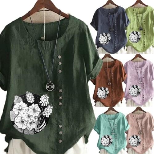 New Women Summer Casual Print Loose T-shirts Vintage Round Neck Plus Size Short Sleeve Blouse Tops S-5XL