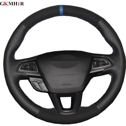 Hand-stitched Car Steering Wheel Cover Black Suede For Ford Focus 3 2015-2018 Kuga 2016-2019 Escape C-MAX Ecosport 2018-2019