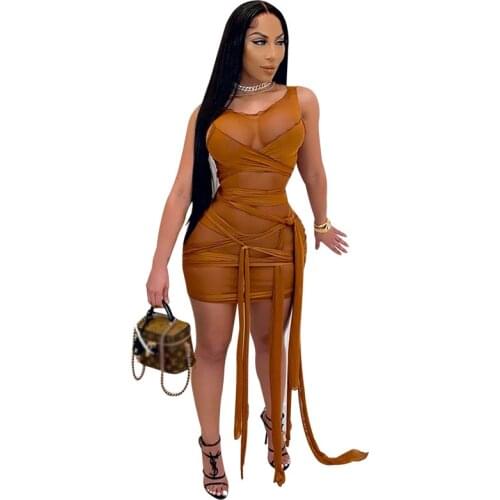 Sheer Mesh Bandage Mini Dress for Women 2021 Sexy O Neck Sleeveless See Through Lace Up Night Club Party Dresses Plus Size 4XL