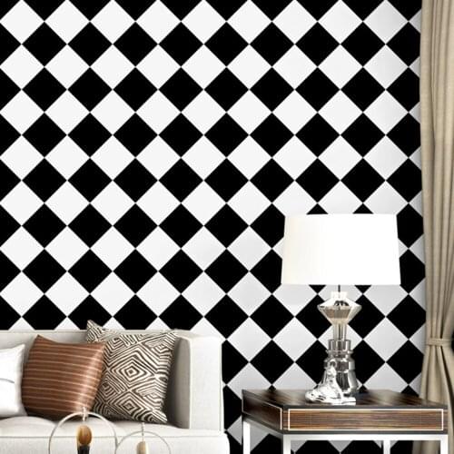 Q QIHANG Modern Minimalist Black and White Square Lattice Geometric Bedroom Living Room Wallpaper Black Color 0.53m*10m=5.3m2