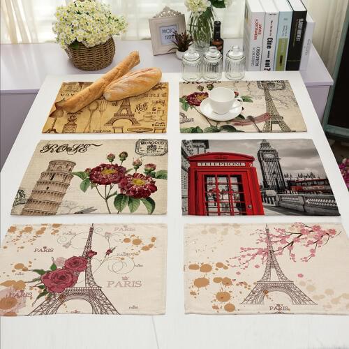 Romantic French Architectural Printed coasters Table Mat Paris Tower Pisa Leaning Pattern Placemat Telephone Booth Red Table