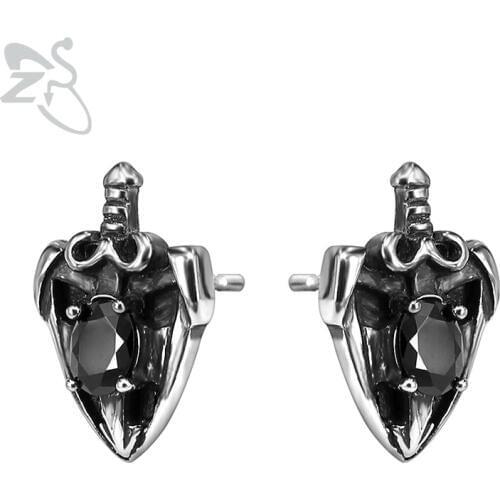 ZS Black Zirconia Sword Shape Stainless Steel Earrings Hip Hop Ear Stud Jewelry Punk Earring for Men Women Fashion Biker Earring