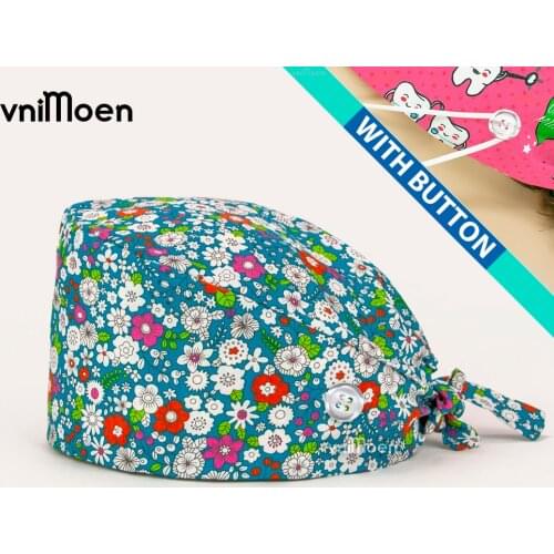 Women work scrub Caps Men Cotton Print scrub caps Masks Unisex High Quality vet Hats Nursing work cap with button Pet doctor cap