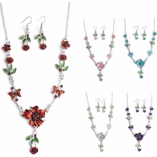 Shellhard Wedding Jewelry Crystal Colorful Flowers Necklace Ear Ring Earring Bohemian Chic Jewelry Set For Women Femme Bijoux