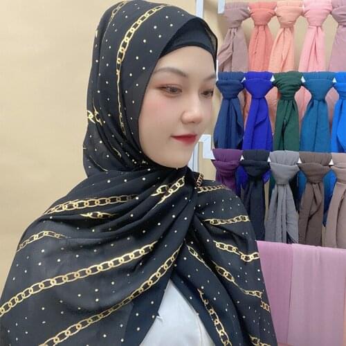 Chiffon Malaysia Hijab Chain Bronzing Muslim Scarf Female Head Wraps and Shawls Womens Headscarf Foulard Femme Musulman