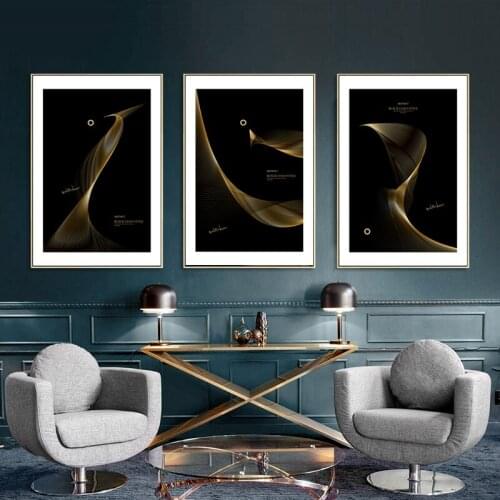 Nordic Abstract black background golden streamer line Different Shape Wall Art Canvas Painting Poster Modern Print Picture Decor