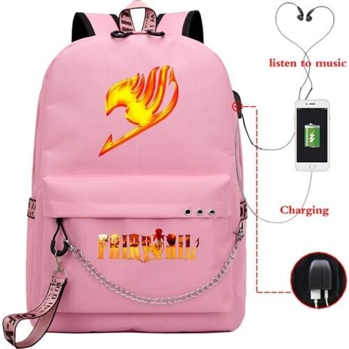 FAIRY TAIL Anime Prints Student Backpacks Large Capacity Breathable School Bag with USB Charging Chain Bundle Backpack for Girls