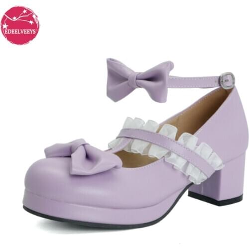 Lolita Girls Mary Janes Shoes Lace T Strap Princess Bowknot Chunky Heel Wedding Party Casual Pumps Bridal Cosplay Large Size 48