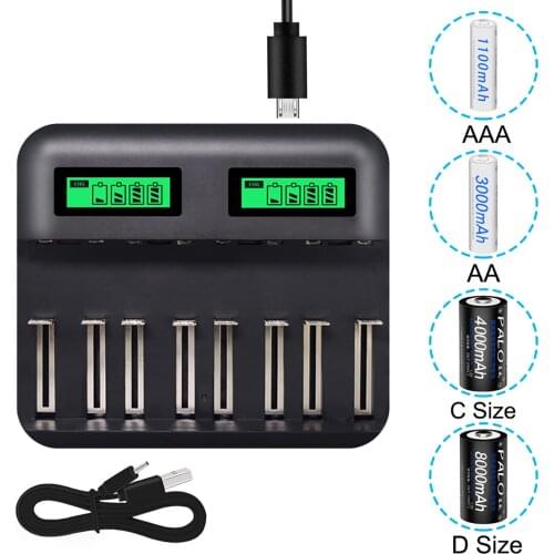 USB Fast Smart Battery Charger for 1.2V 1800mA li-ion AA AAA C D Rechargeable Battery Charger 8 Slots LCD Display