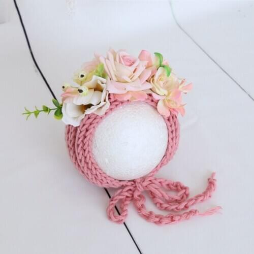 Knit Newborn Girl Floral Bonnet Photo Prop Pink Newborn Baby Flower Hat For Photo Shoot Newborn Photography props
