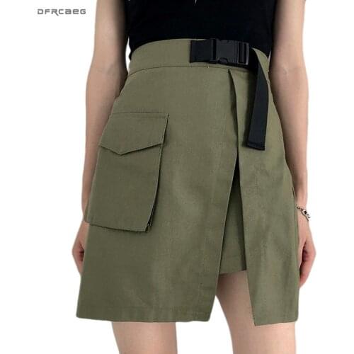 Irregular Army Green Women Shorts Skirt With Pocket High Waist 2020 Summer Vintage Ladies Cargo Skirts Short Femme