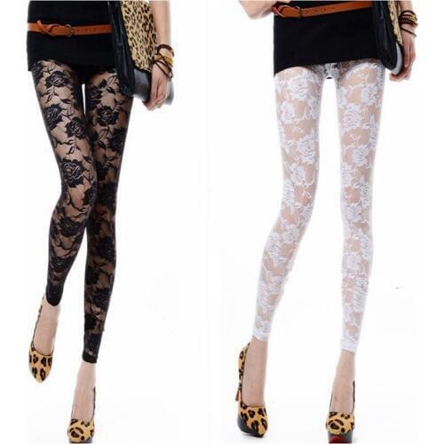New Retro Sexy Net yarn Lady Rose Lace Elegant Through Leggings Pants Footless Black White Women Summer Skinny Nine Pants F0206