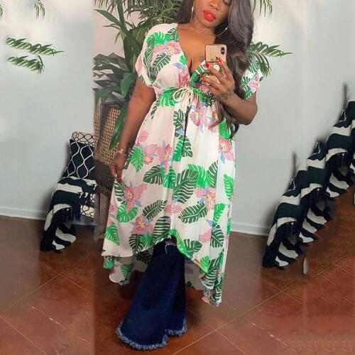 Dresses for Women Summer 2021 New Floral Print Loose High Waisted V Neck Mid Calf Fashion Vacation Beach Clothes Dress Midi