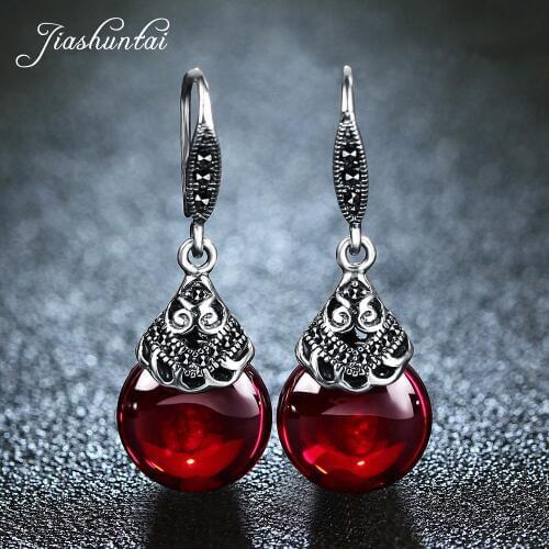 JIASHUNTAI 100% 925 Sterling Silver Earrings For Women Retro Round Natural Stones Earrings Vintage Thai Silver Jewelry Best Gift