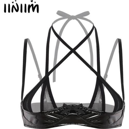 Iiniim Women Femme Wetlook See-through Lingerie Open Cut Bra Bralette Adjustable Spaghetti Straps Front Cross Shelf Bra Top