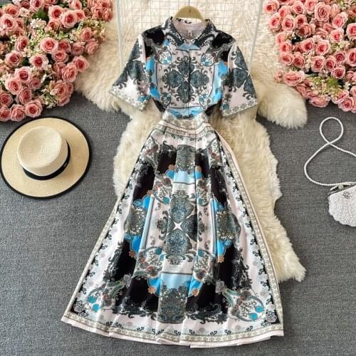 Runway Fashion 2021 Women Dresses Short Sleeve Shirt Dress Belted Vintage Paisley Print Elegant Knee Length Midi Dress N68401