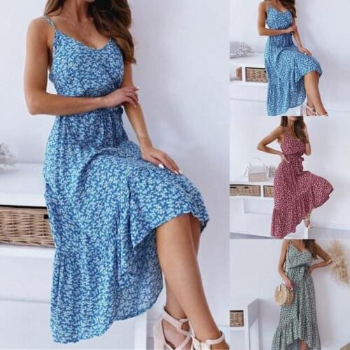 50% Hot Sales Fashion Women Dress Spaghetti Straps Large Hem Floral Print Backless Waist Tight Maxi Dress for Party