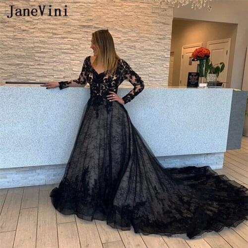 JaneVini 2020 Sexy Black Lace Saudi Arabia Evening Dresses Long Sleeve V Neck Appliques Sequin Backless Formal Women Dinner Gown