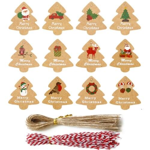 48PCS DIY Kraft Paper Tags Christmas Tree Gift Tags Santa Claus Xmas Party Decoration Hang Tag Craft Packaging Labels with Rope