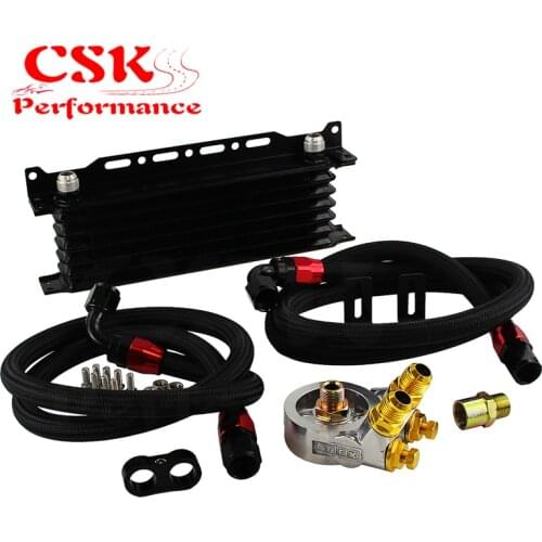 7 Row AN10 Engine Racing Oil Cooler w/ 80 Deg Thermostat Oil Filter Adapter Kit Black/Gold/Blue