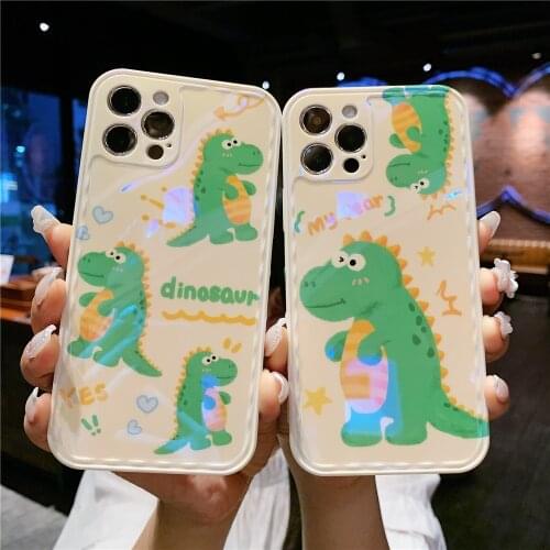 Cartoon Dinosaur Side Smile Phone Case For iPhone 12 11 PRO MAX XS XR X 7 8 PLUS Soft Frame Camera Protective Cover Shell