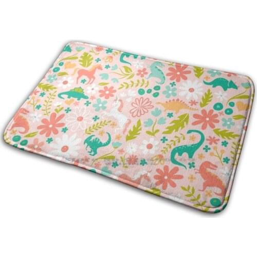 Dinosaurs Unicorns On Pink Mat Rug Carpet Anti - Slip Bedroom Entrance Door Mat Dino Dinosaur Magical Unicorn Horse Garden