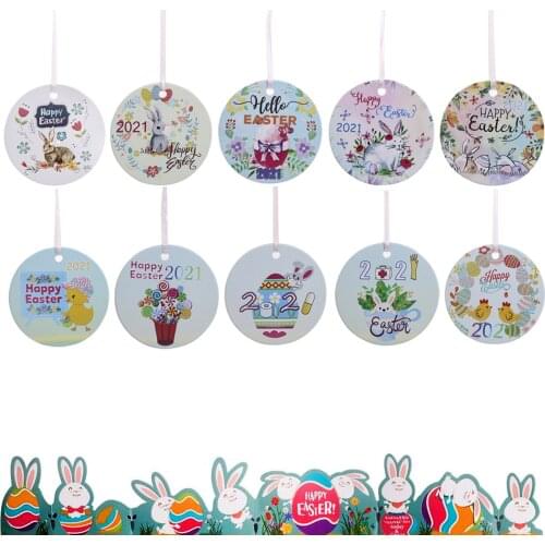 Creative Easter Day Decoration Unique Ceramic Cute Rabbits Letter Pattern Round DIY Festival Small Pendant