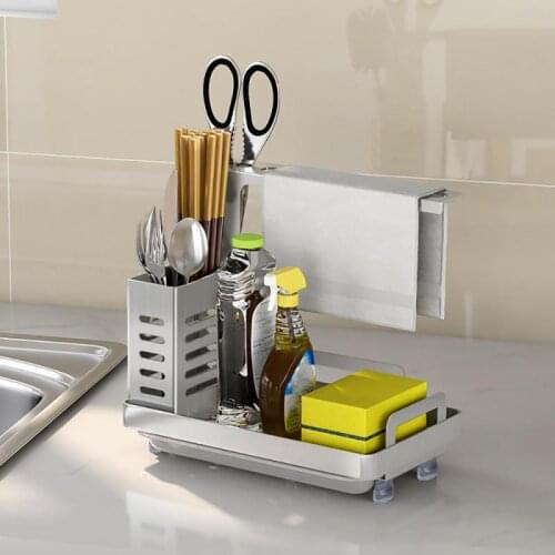 Modern Simple Stainless Steel Kitchen Sink Caddy Organizer Soap Brush Holder + Drain Pan Premium Kitchen Drying Rack Organizer