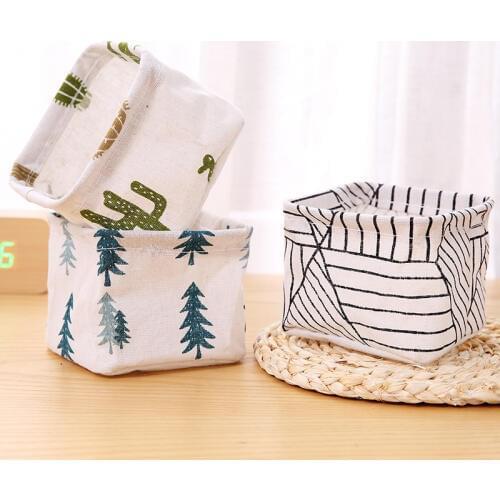 Kawaii Cotton Linen Home Sundries Storage Box Cactus Stripe Stationery Holder Cosmetic Organizer Basket Desktop Storage Supplies