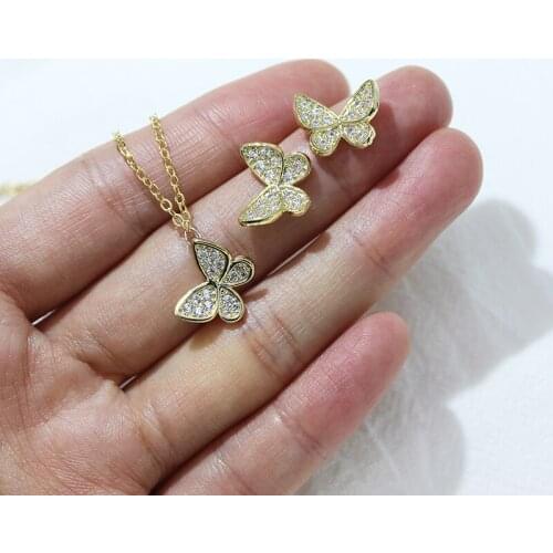 Delicate Cubic Zircon Butterfly Stud Earrings for Women Luxury 14K Gold Plated Pendant Necklaces Jewelry Set