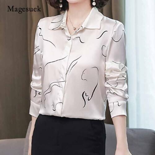 2020 New Autumn Long Sleeve Printing Button Cardigan Blouse Women Office Lady Silk Shirt Women Plus Size Ladies Clothing 10722