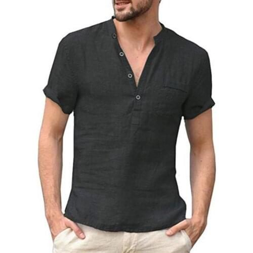 Solid Color Stand Collar Men Shirt Quick Drying Buttons V Neck Short Sleeve Casual T-shirt Pullover Top футболка мужская