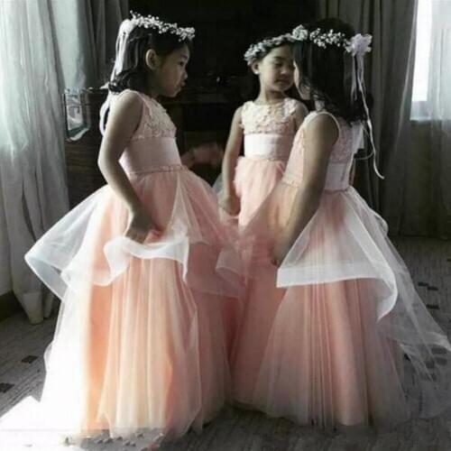 Lovely Blush Pink Tulle and White Lace Flower Girl Dresses Jewel Neck Sleeveless Ruffles Floor Length Girls Gown for Wedding